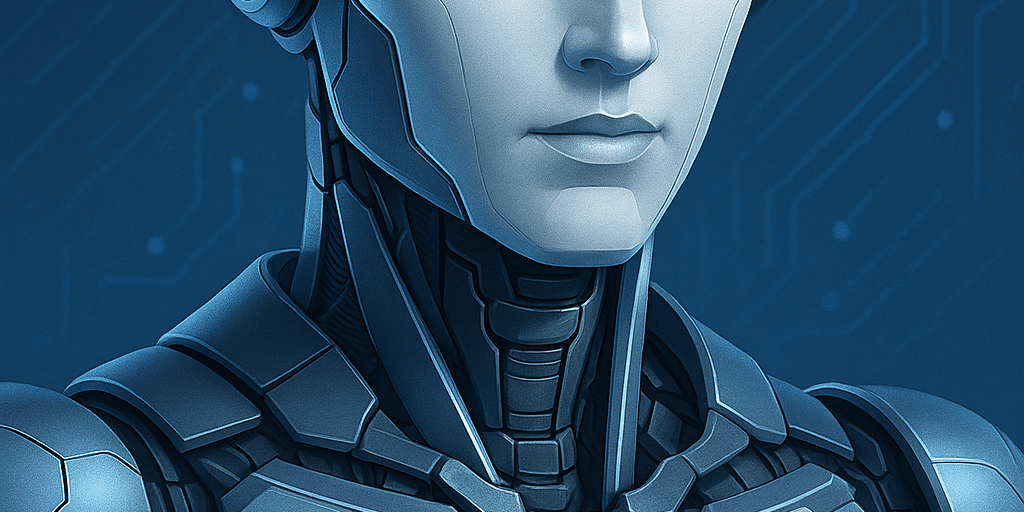 Illustration of a smiling AI robot next to a titled list of “Top 25 Reasons Your Business Needs an AI Employee,” featuring automation and business benefits