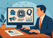 A professional real estate agent using AI technology on a computer to analyze housing data, showing icons for marketing, pricing, and predictive analytics in a modern office environment