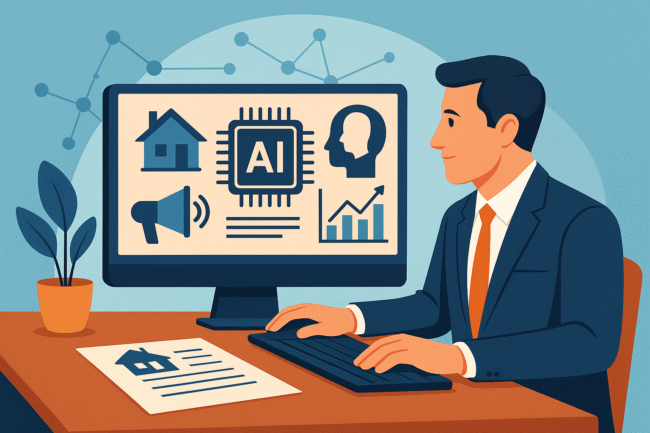 A professional real estate agent using AI technology on a computer to analyze housing data, showing icons for marketing, pricing, and predictive analytics in a modern office environment