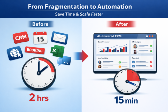 Infographic showing a fragmented workflow with multiple apps and a 2-hour task on the left, and a streamlined AI-powered CRM workflow completing the same task in 15 minutes on the right.